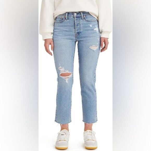 Levi’s Womens High Rise Wedgie Straight Leg Raw Hem Denim Blue Jeans - Picture 6 of 12